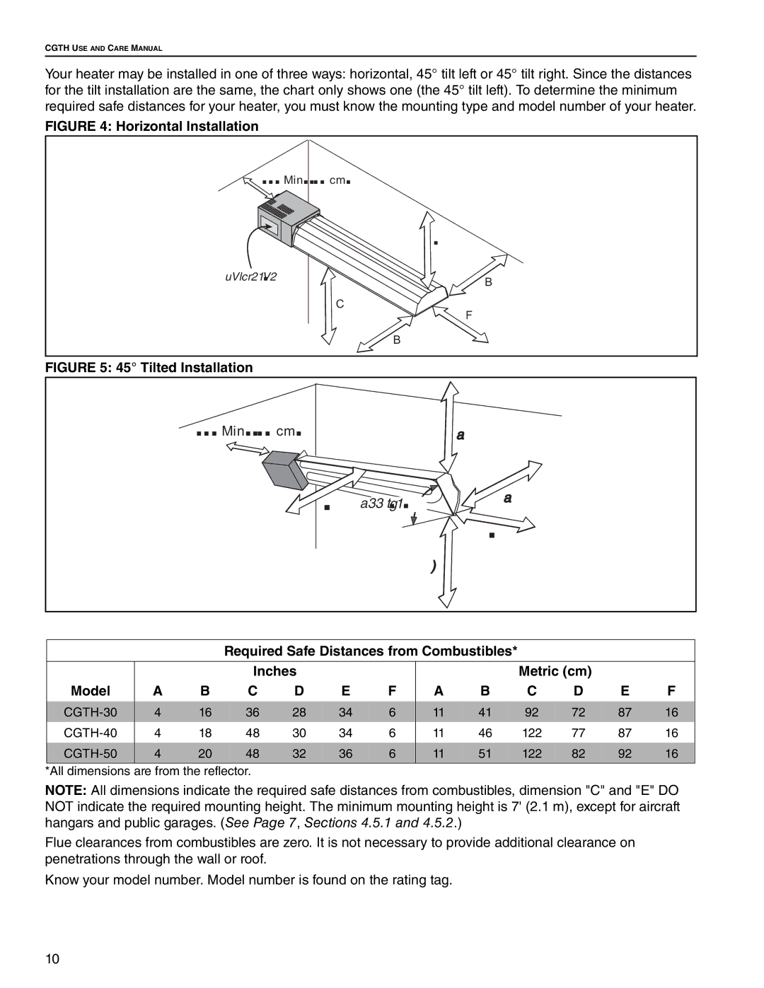 Roberts Gorden CGTH-50, CGTH-30 Horizontal Installation, Required Safe Distances from Combustibles Inches Metric cm 