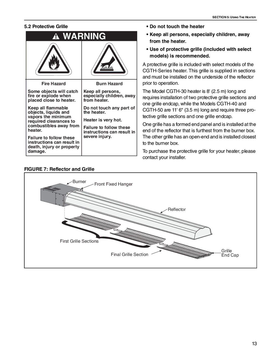 Roberts Gorden CGTH-50, CGTH-30, CGTH-40 service manual Reflector and Grille 