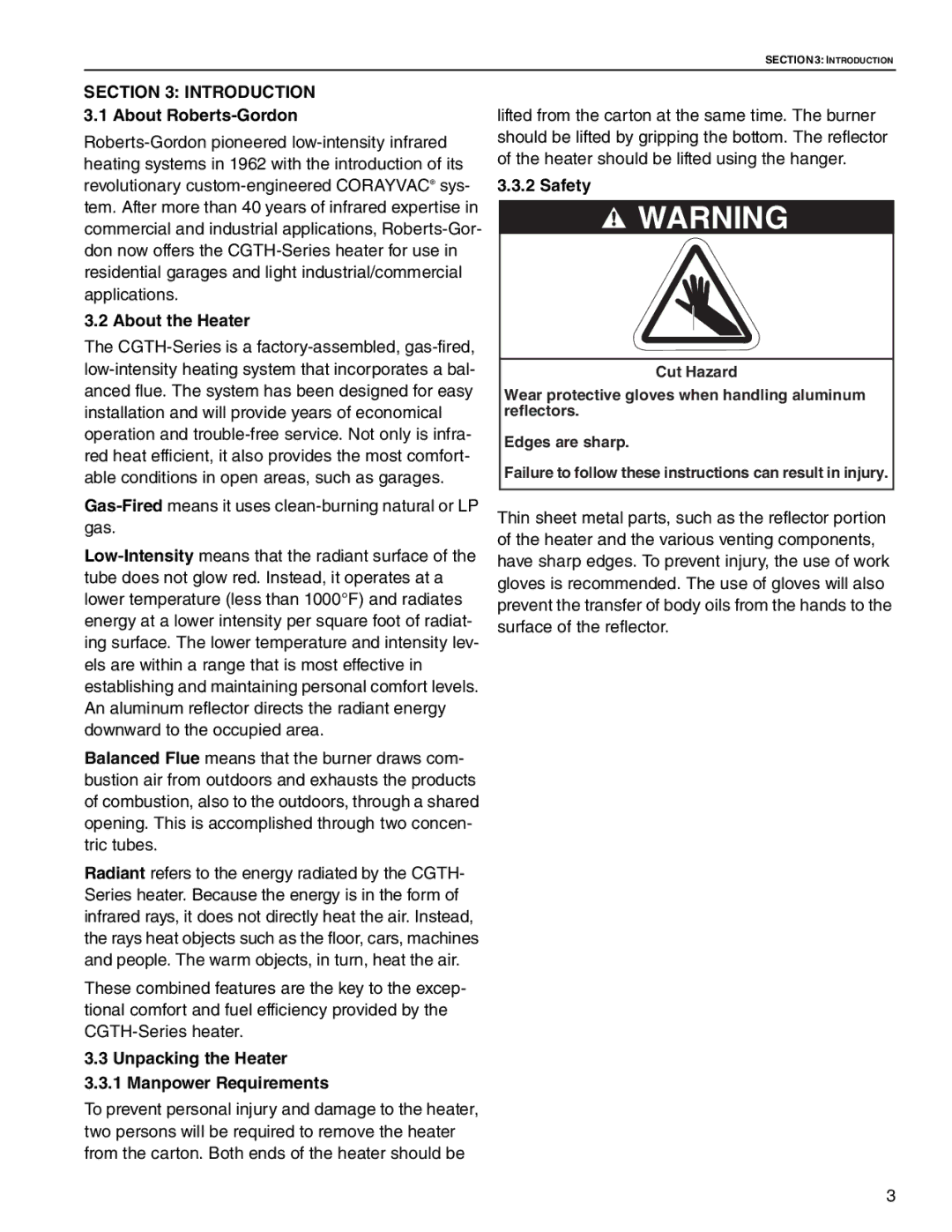 Roberts Gorden CGTH-30, CGTH-50, CGTH-40 About the Heater, Unpacking the Heater 3.3.1 Manpower Requirements, Safety 