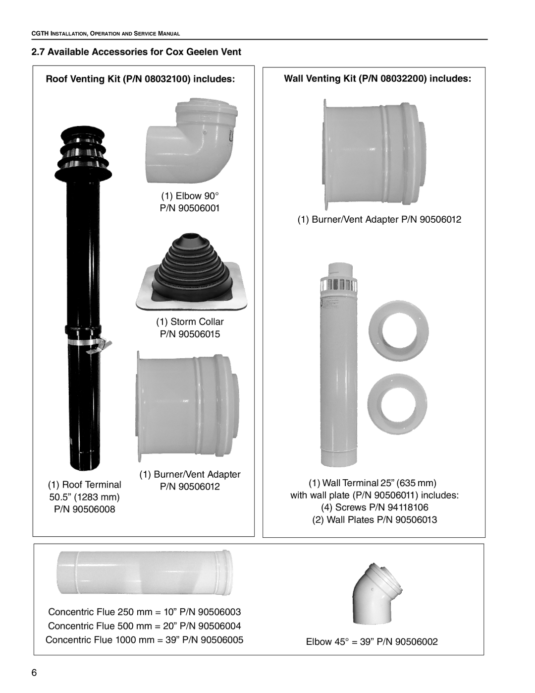 Roberts Gorden CGTH-30, CGTH-50, CGTH-40 service manual Wall Venting Kit P/N 08032200 includes 