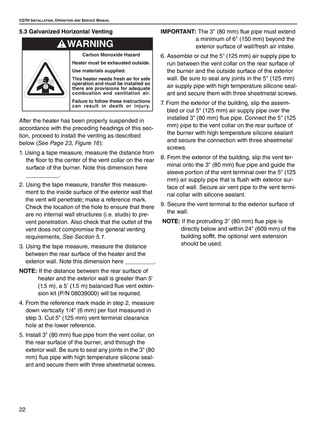 Roberts Gorden CGTH-50, CGTH-30, CGTH-40 service manual Galvanized Horizontal Venting 