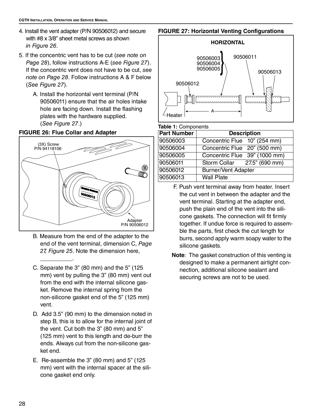 Roberts Gorden CGTH-50, CGTH-30, CGTH-40 service manual Flue Collar and Adapter, Part Number Description 