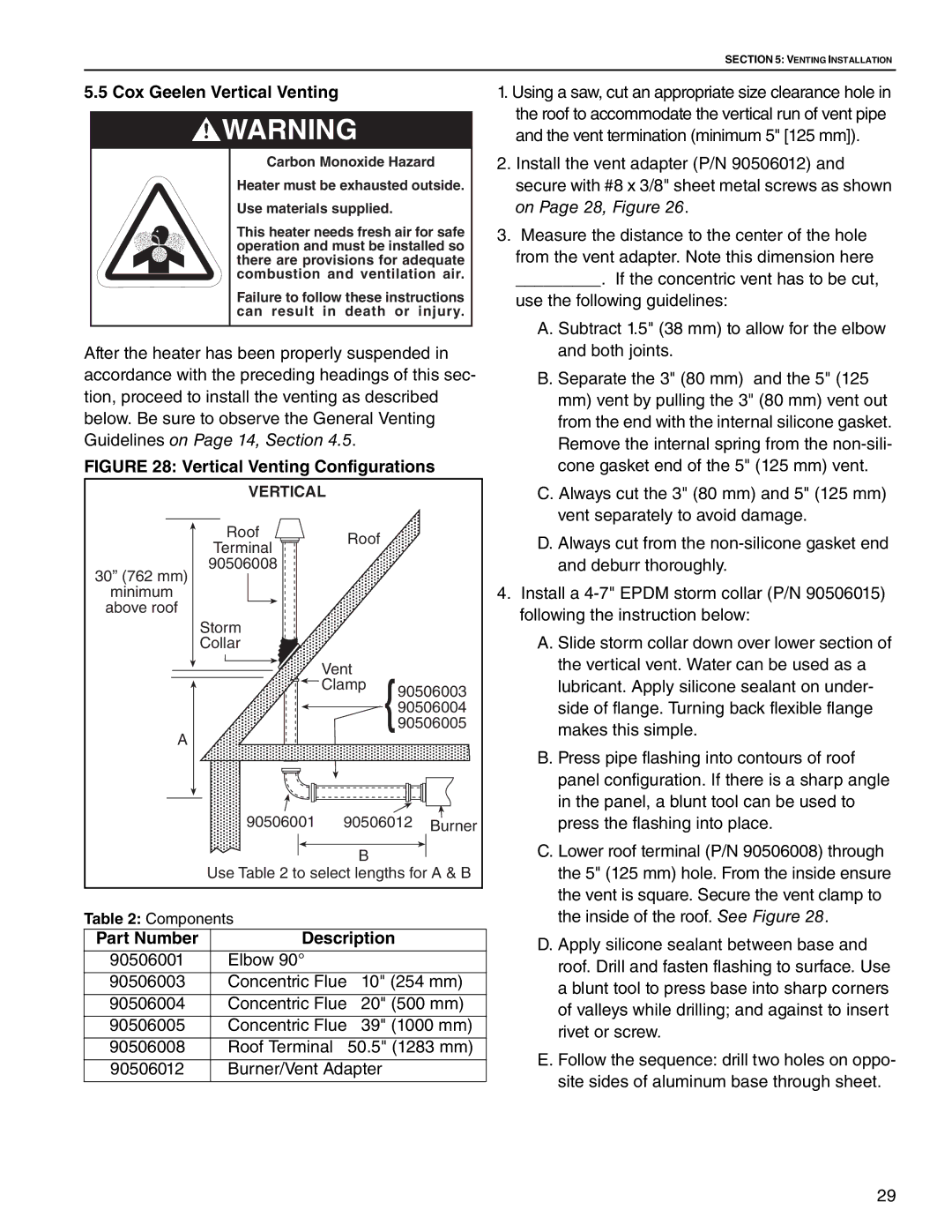 Roberts Gorden CGTH-40, CGTH-30, CGTH-50 service manual Cox Geelen Vertical Venting, Vertical Venting Configurations 