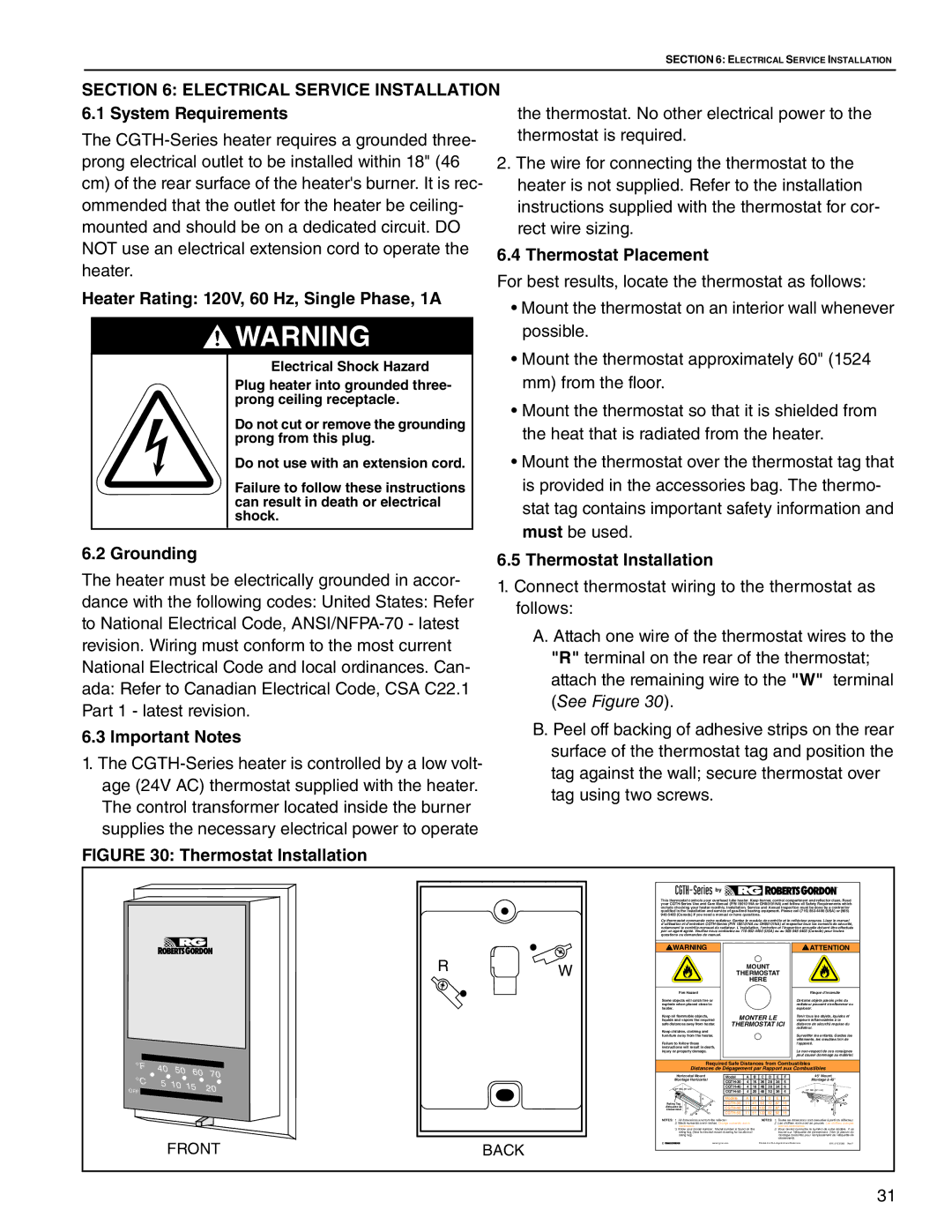 Roberts Gorden CGTH-50 Electrical Service Installation, System Requirements, Heater Rating 120V, 60 Hz, Single Phase, 1A 