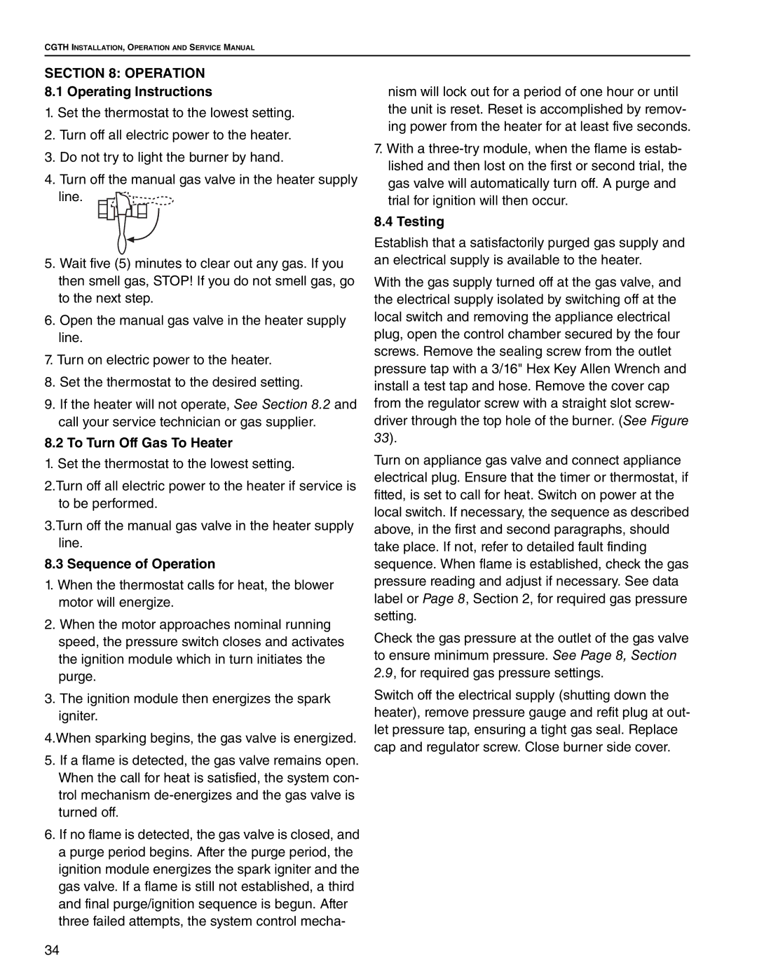 Roberts Gorden CGTH-50 Operation 8.1 Operating Instructions, To Turn Off Gas To Heater, Sequence of Operation, Testing 