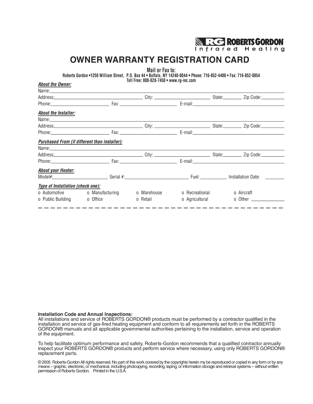 Roberts Gorden CGTH-50, CGTH-30, CGTH-40 service manual Owner Warranty Registration Card 