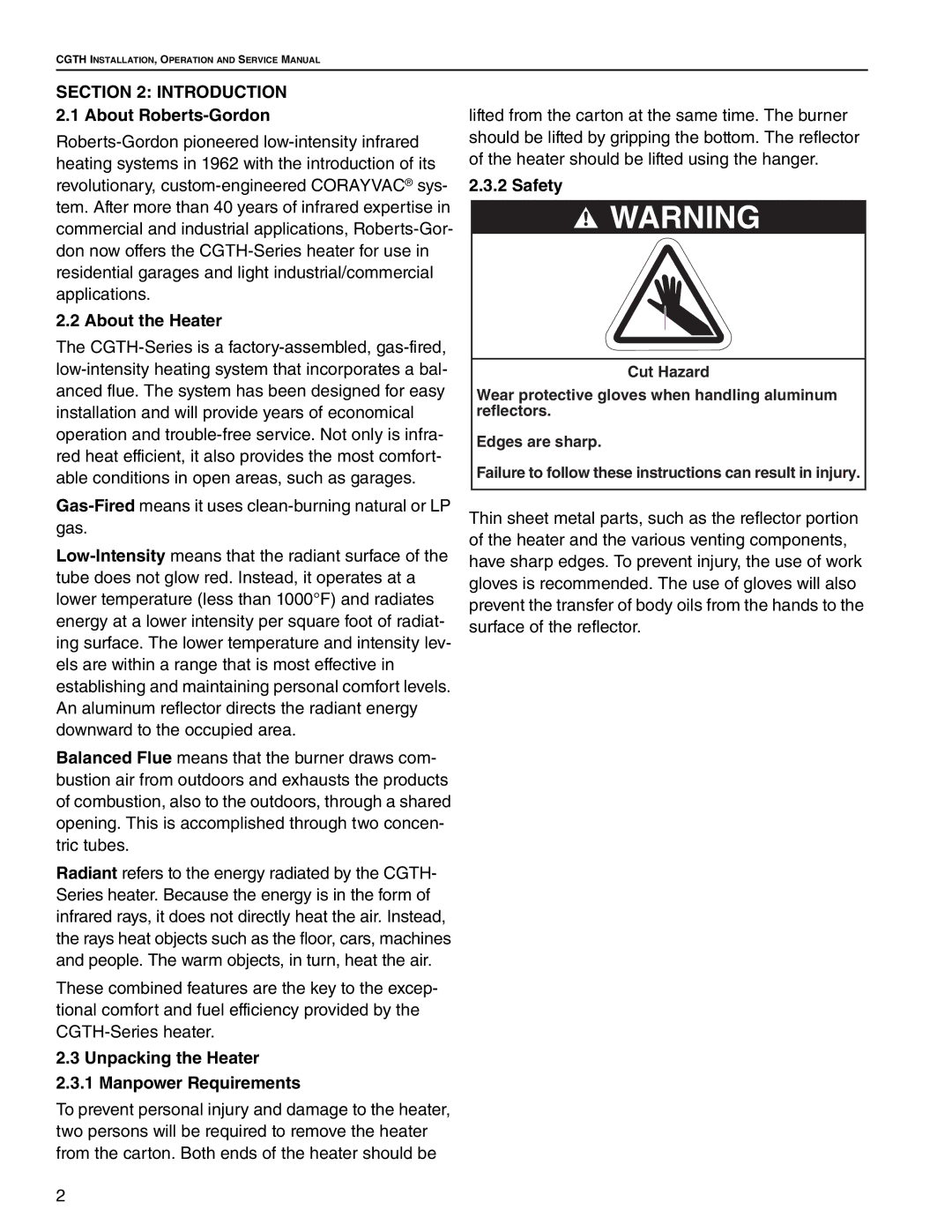 Roberts Gorden CGTH-40, CGTH-30, CGTH-50 About the Heater, Unpacking the Heater 2.3.1 Manpower Requirements, Safety 