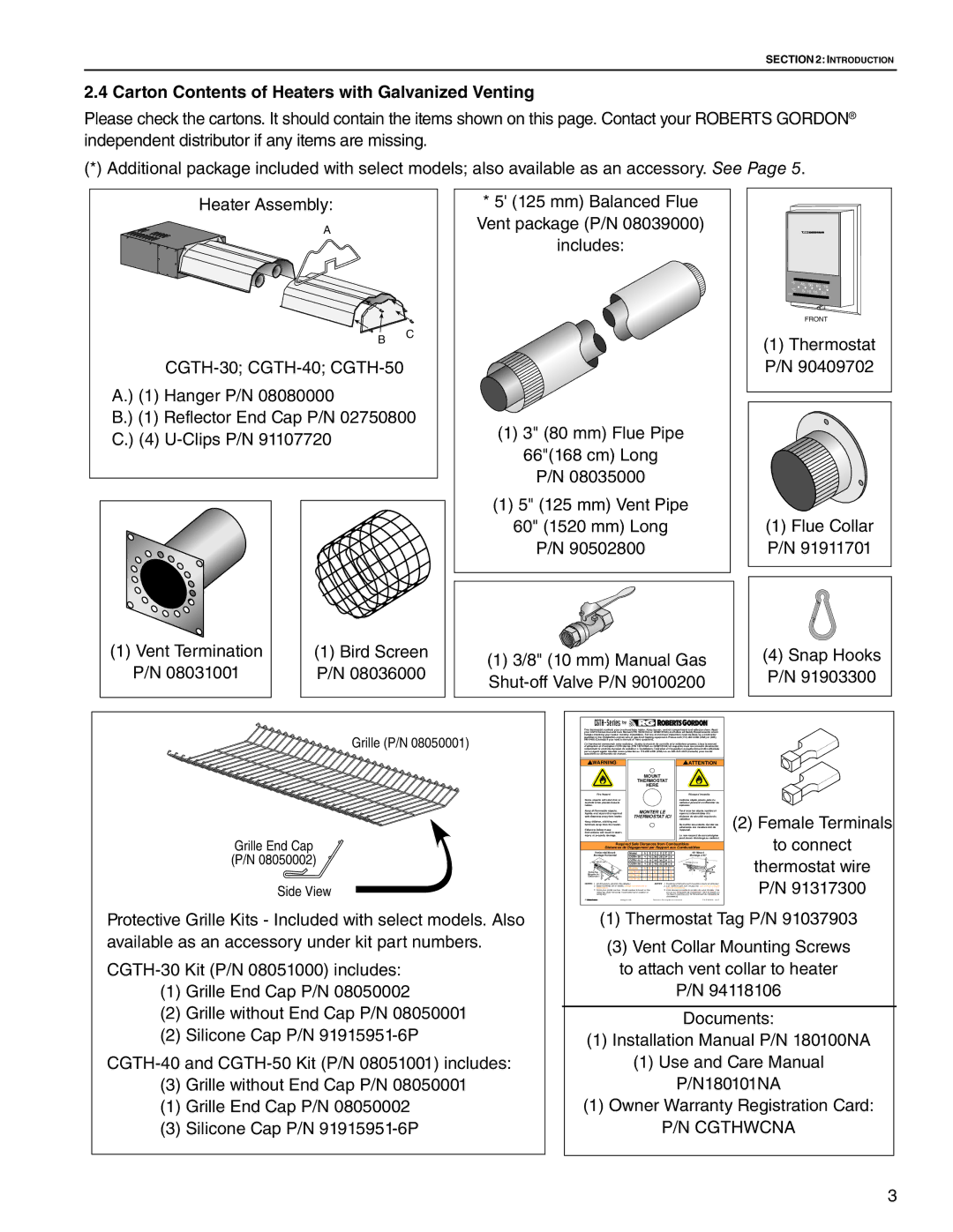 Roberts Gorden CGTH-30, CGTH-50, CGTH-40 service manual Carton Contents of Heaters with Galvanized Venting 