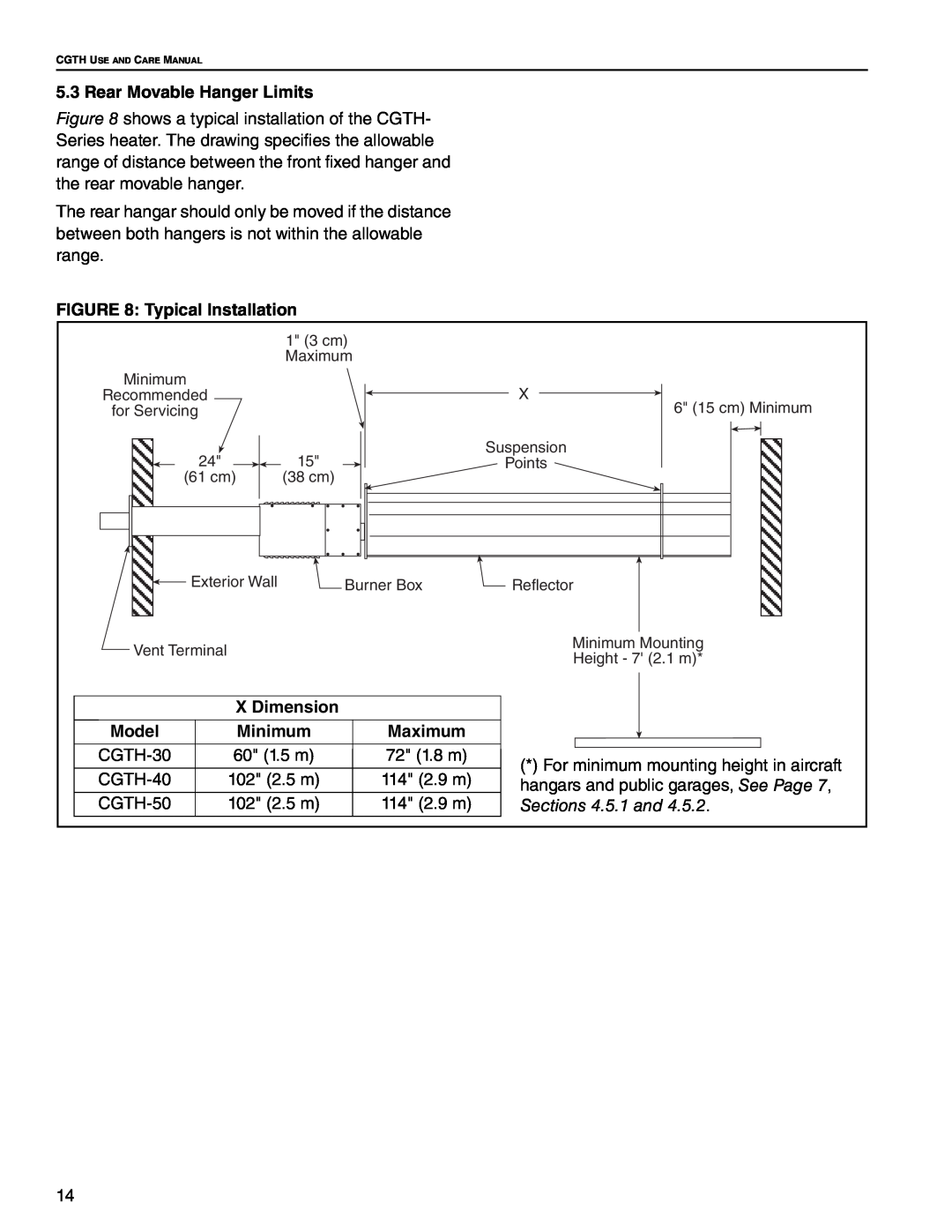 Roberts Gorden CGTH-40, CGTH-30 Rear Movable Hanger Limits, Typical Installation, X Dimension, Model, Minimum, Maximum 