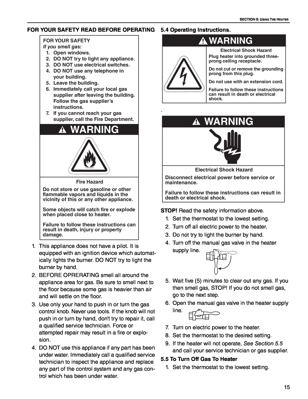 Roberts Gorden CGTH-30, CGTH-50, CGTH-40 service manual 5.5To Turn Off Gas To Heater 