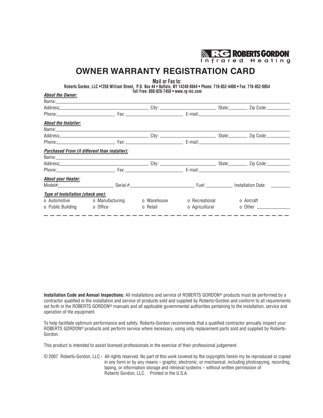 Roberts Gorden CGTH-40, CGTH-30 Owner Warranty Registration Card, About the Owner, About the Installer, About your Heater 