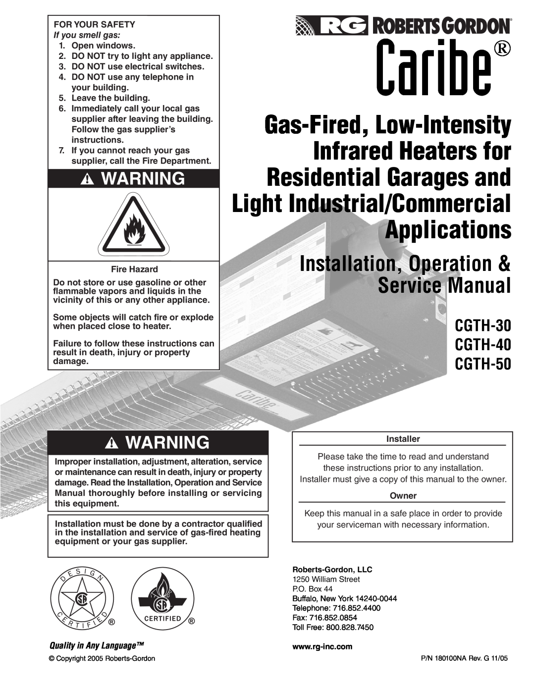 Roberts Gorden CGTH-50 service manual Gas-Fired, Low-Intensity, Infrared Heaters for, Residential Garages and, CGTH-30 