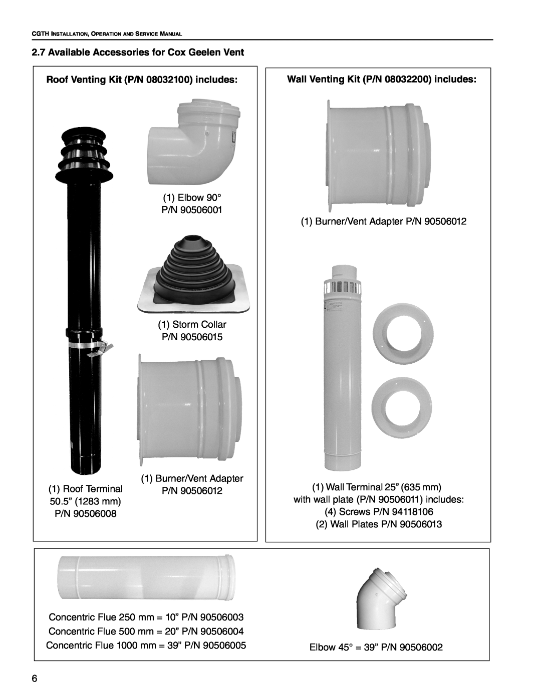 Roberts Gorden CGTH-30, CGTH-50 2.7Available Accessories for Cox Geelen Vent, Roof Venting Kit P/N 08032100 includes 