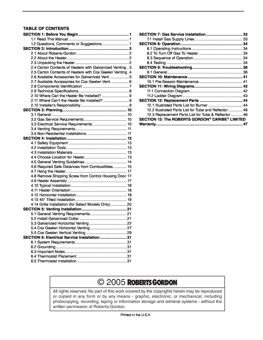 Roberts Gorden CGTH-30, CGTH-50, CGTH-40 service manual 2005, Table Of Contents 