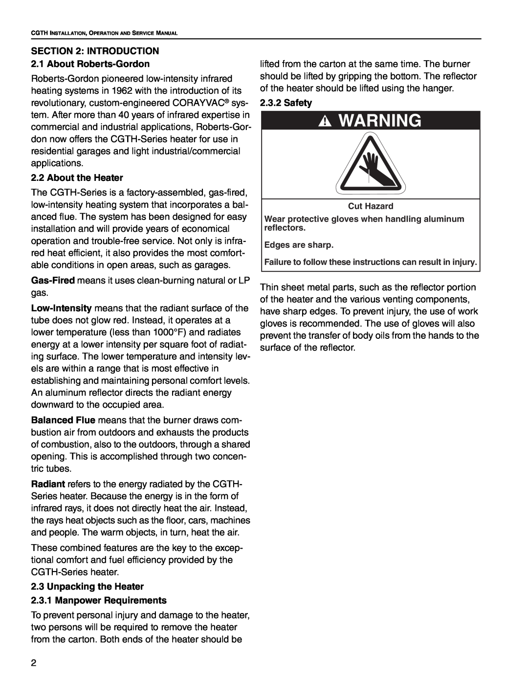 Roberts Gorden CGTH-40, CGTH-30, CGTH-50 service manual About the Heater, Safety 