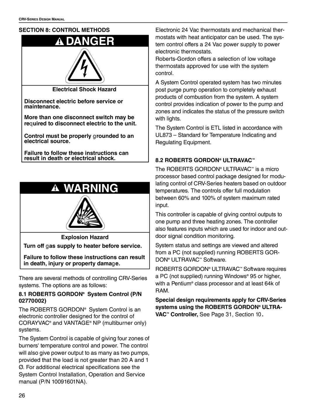 Roberts Gorden CRV-B-8, CRV-B-6, CRV-B-2 Control Methods, Roberts Gordon System Control P/N, Roberts Gordon Ultravac 