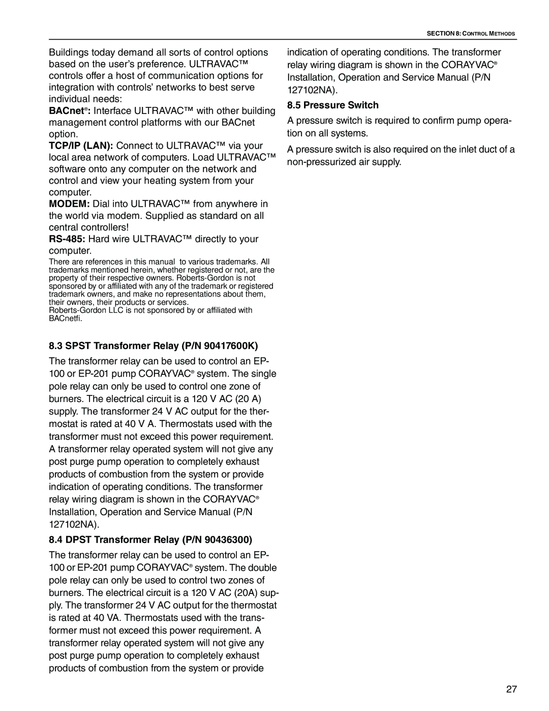 Roberts Gorden CRV-B-6, CRV-B-8, CRV-B-2, CRV-B-4 service manual Pressure Switch 