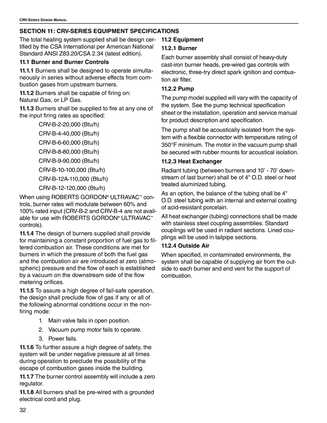 Roberts Gorden CRV-B-2, CRV-B-8, CRV-B-6, CRV-B-4 service manual CRV-SERIES Equipment Specifications 