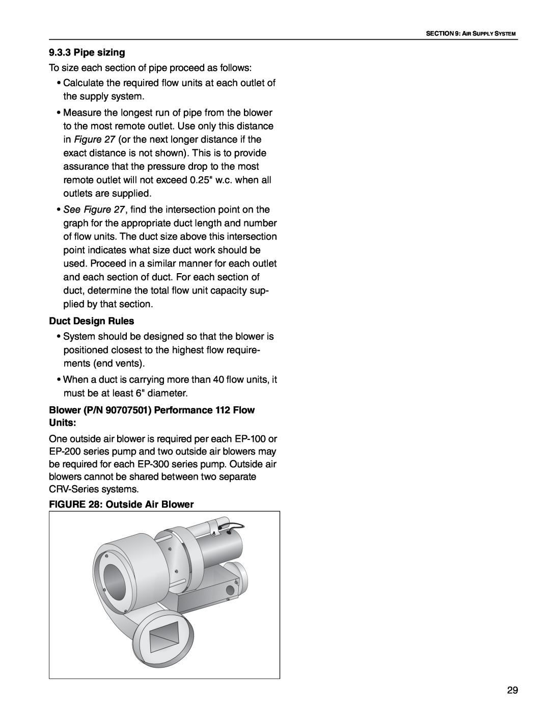 Roberts Gorden CRV-B-4 Pipe sizing, Duct Design Rules, Blower P/N 90707501 Performance 112 Flow Units, Outside Air Blower 