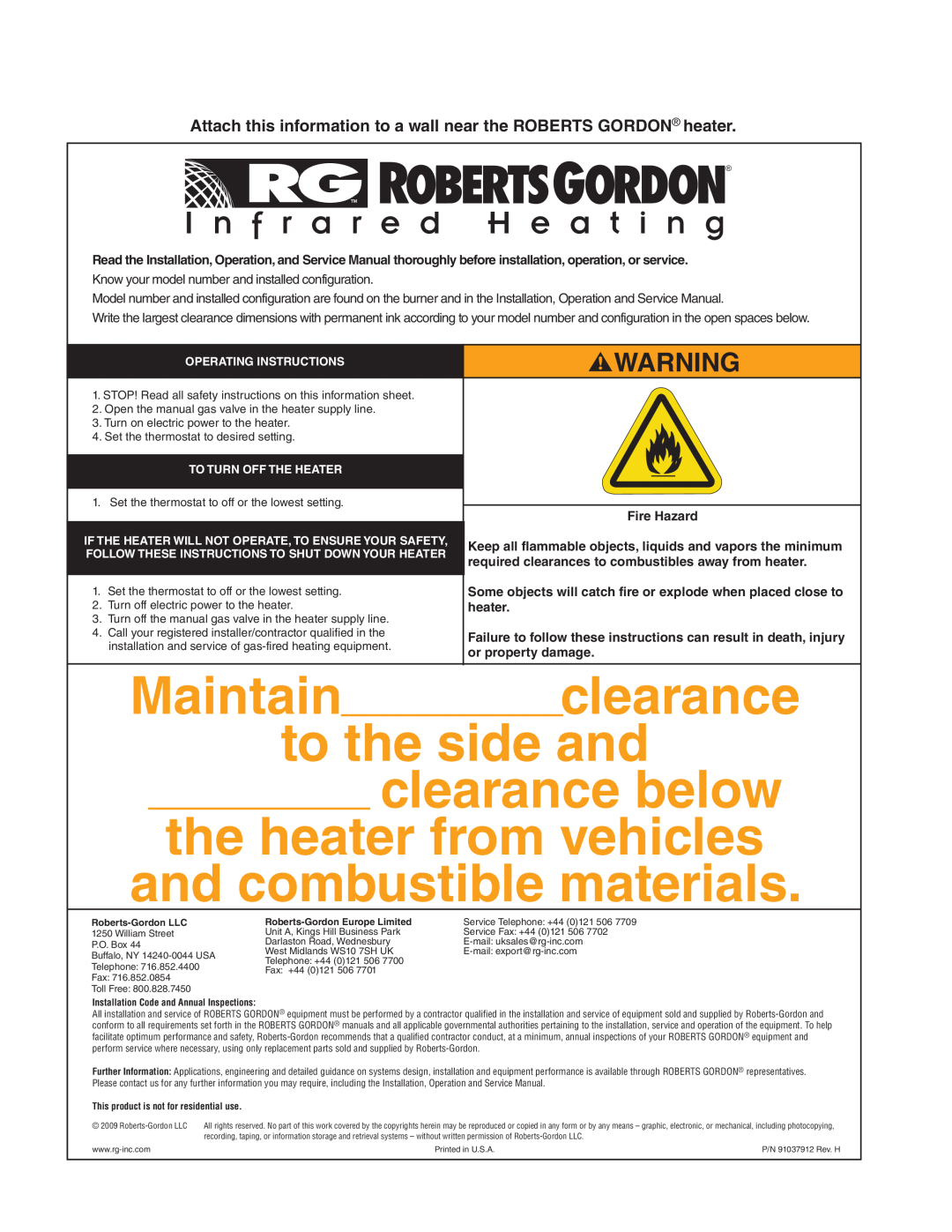 Roberts Gorden CRV-B-8 Maintain, the side, clearance below, and combustible materials, the heater from vehicles 