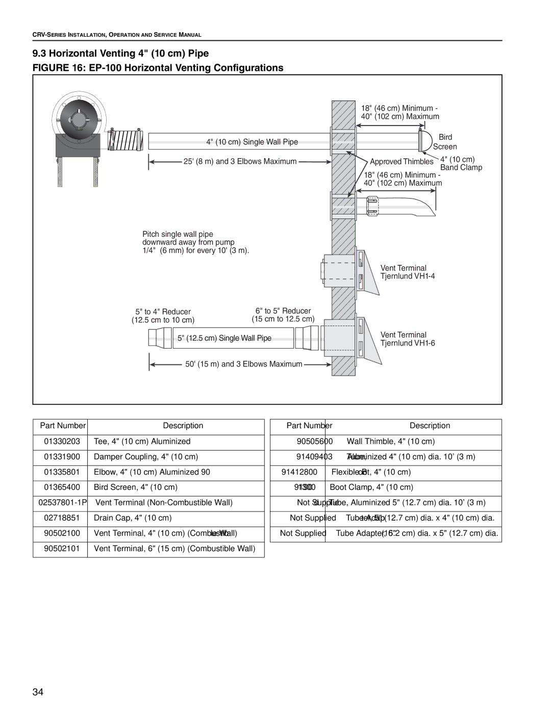 Roberts Gorden CRV-B-8, CRV-B-9, CRV-B-12A Horizontal Venting 4 10 cm Pipe, EP-100 Horizontal Venting Configurations 