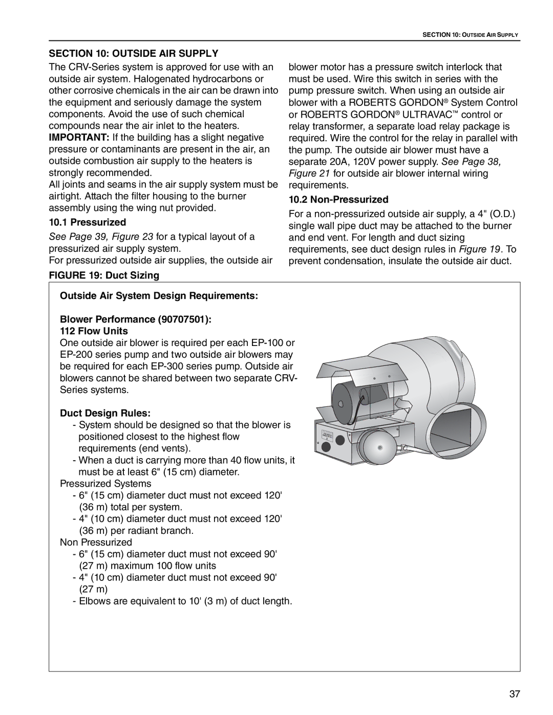 Roberts Gorden CRV-B-6, CRV-B-8, CRV-B-9, CRV-B-12A, CRV-B-10, CRV-B-2 Outside AIR Supply, Non-Pressurized, Duct Design Rules 