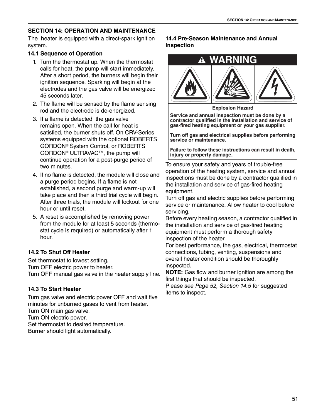 Roberts Gorden CRV-B-9, CRV-B-8 Operation and Maintenance, Sequence of Operation, To Shut Off Heater, To Start Heater 