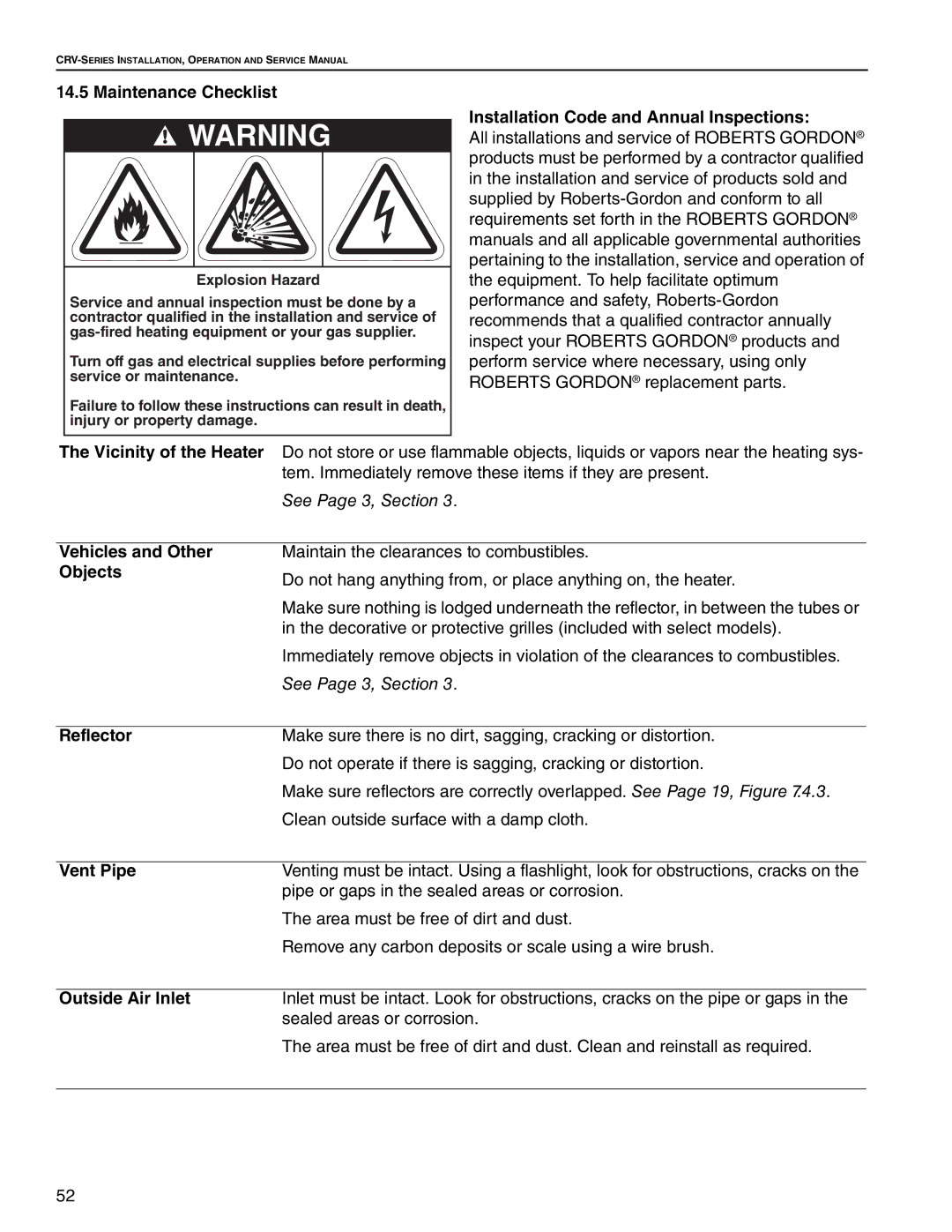 Roberts Gorden CRV-B-12A Maintenance Checklist, Installation Code and Annual Inspections, Vehicles and Other Objects 