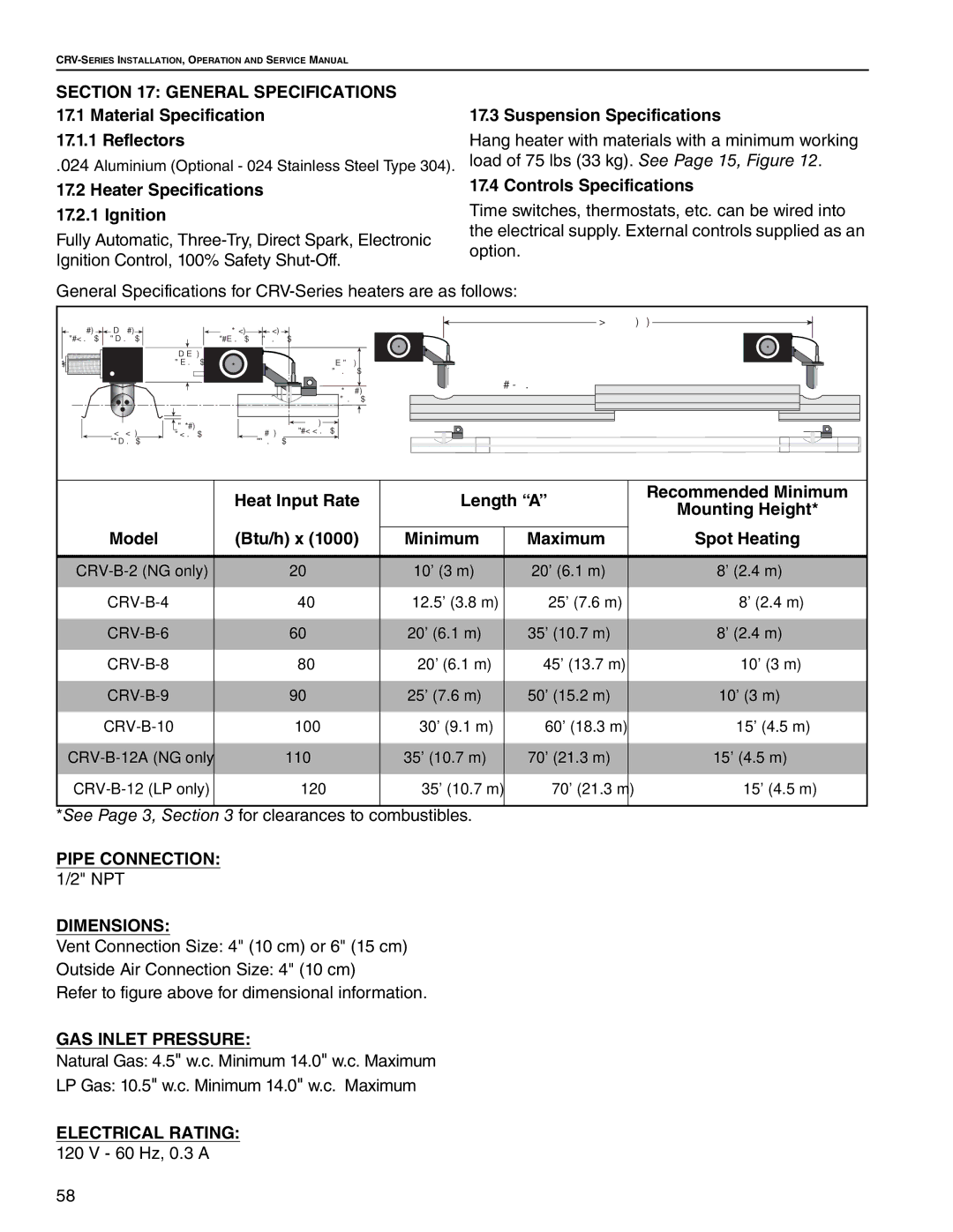 Roberts Gorden CRV-B-8, CRV-B-9 General Specifications, Pipe Connection, Dimensions, GAS Inlet Pressure, Electrical Rating 