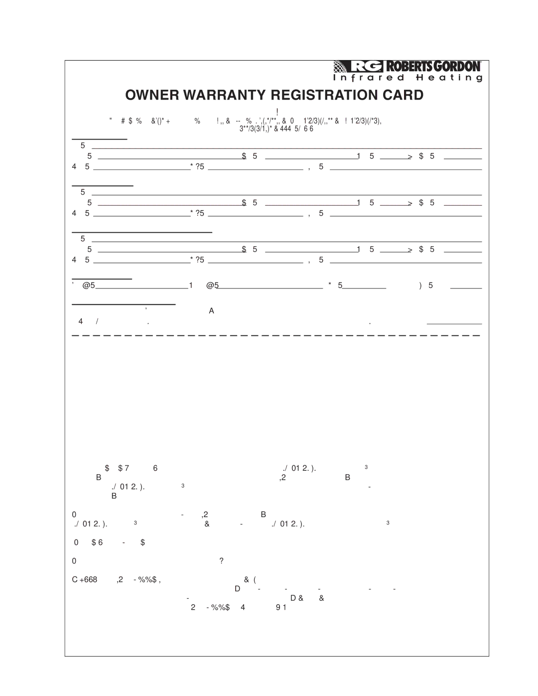 Roberts Gorden CRV-B-2, CRV-B-8, CRV-B-9, CRV-B-12A, CRV-B-6, CRV-B-10, CRV-B-4 service manual Owner Warranty Registration Card 