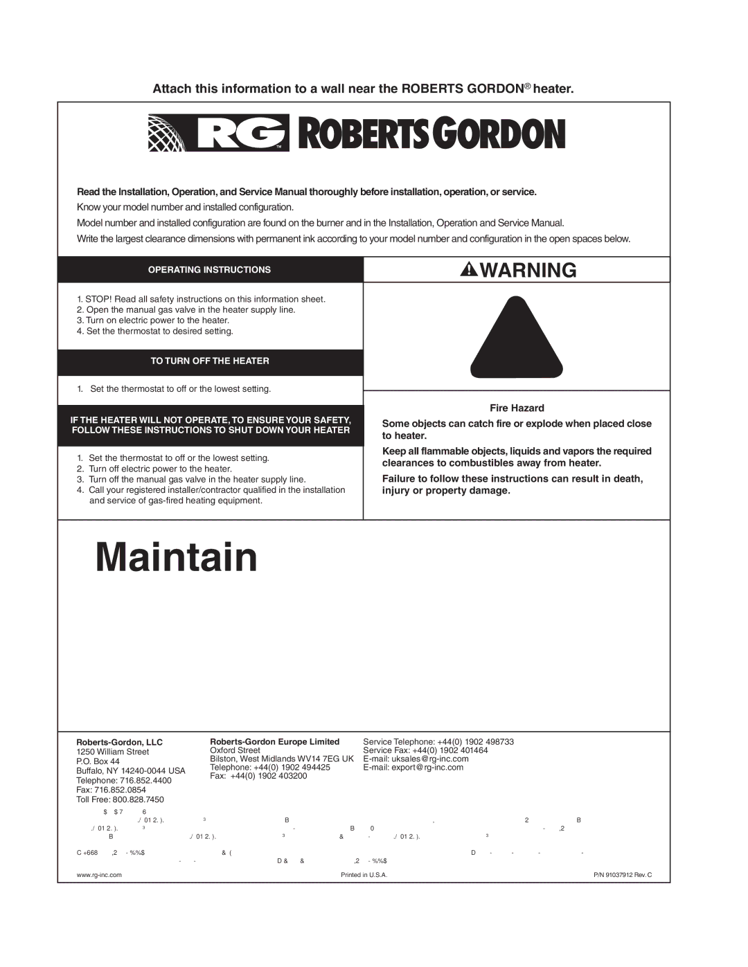 Roberts Gorden CRV-B-8, CRV-B-9, CRV-B-12A, CRV-B-6, CRV-B-10, CRV-B-2, CRV-B-4 service manual F r a r e d H e a t i n g 