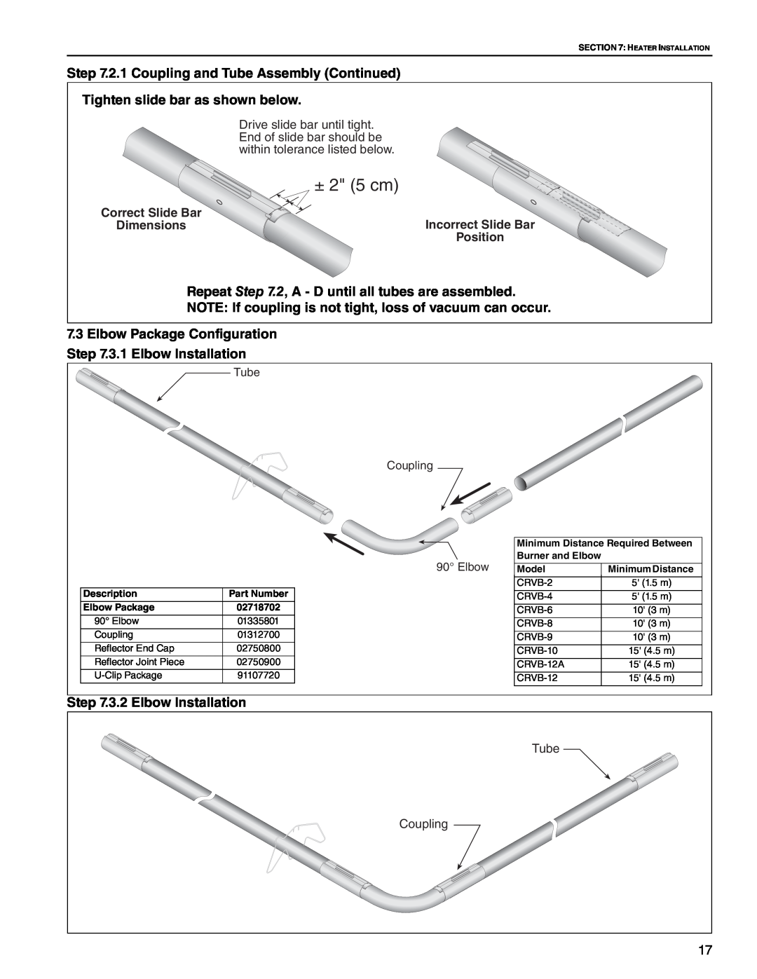Roberts Gorden CRV-B-4 2.1 Coupling and Tube Assembly Continued, Tighten slide bar as shown below, 3.2 Elbow Installation 