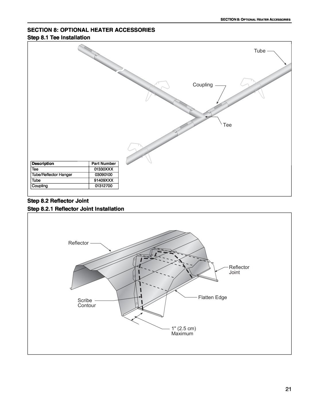 Roberts Gorden CRV-B-6 Optional Heater Accessories, 1 Tee Installation, 2 Reflector Joint, Description, Part Number 