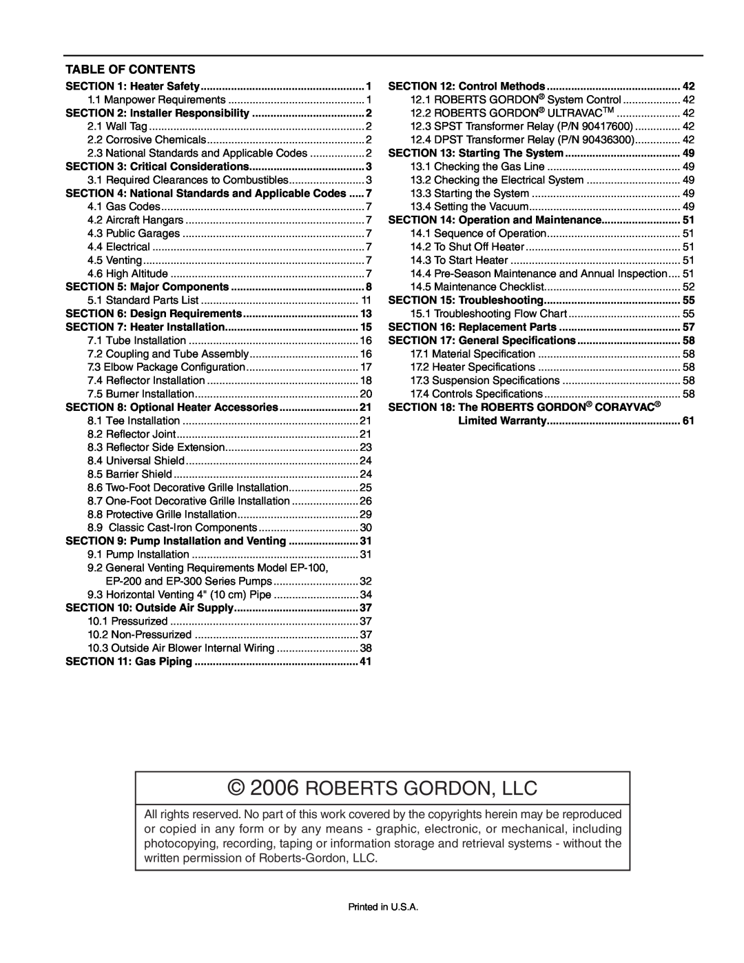 Roberts Gorden CRV-B-6 Roberts Gordon, Llc, Table Of Contents, Heater Safety, Control Methods, Installer Responsibility 