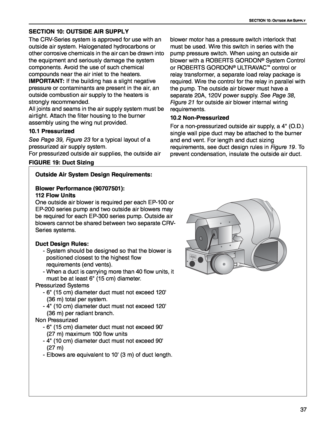 Roberts Gorden CRV-B-6, CRV-B-8 Outside Air Supply, Non-Pressurized, Duct Sizing, Outside Air System Design Requirements 