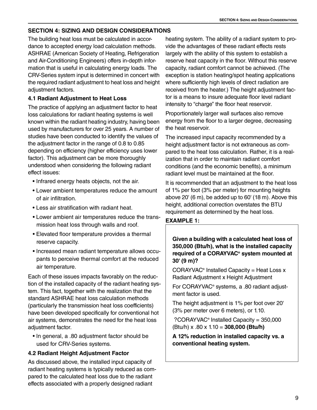 Roberts Gorden CRV-B-9 Sizing and Design Considerations, Radiant Adjustment to Heat Loss, Radiant Height Adjustment Factor 