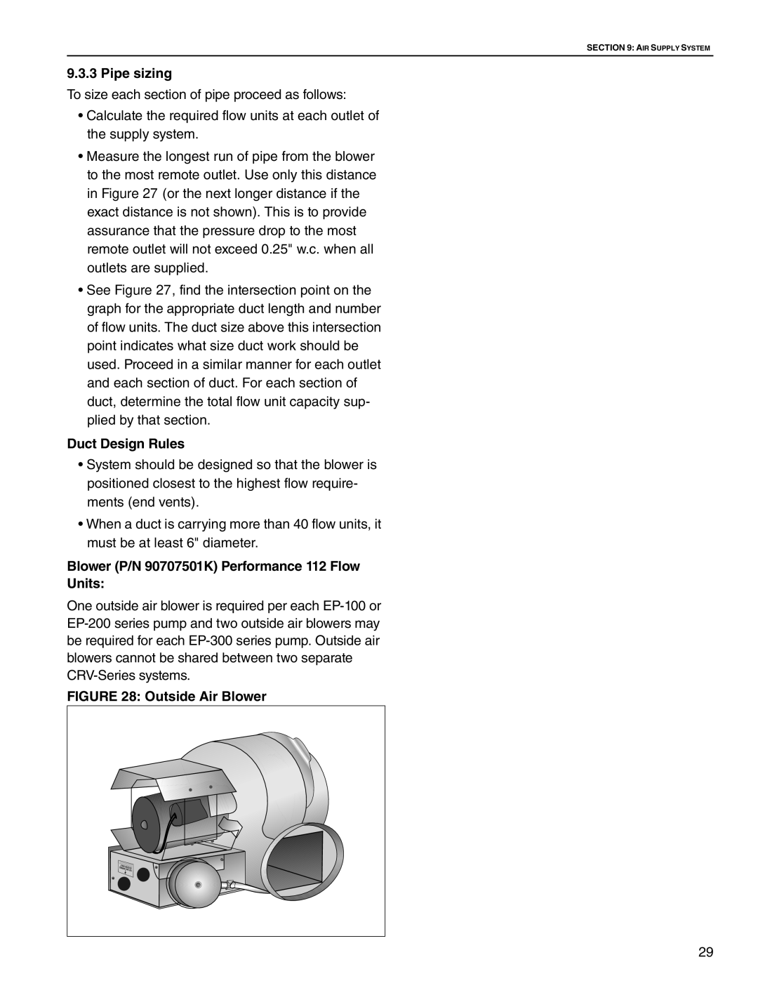 Roberts Gorden CRV-B-9 service manual Pipe sizing, Duct Design Rules, Blower P/N 90707501K Performance 112 Flow Units 