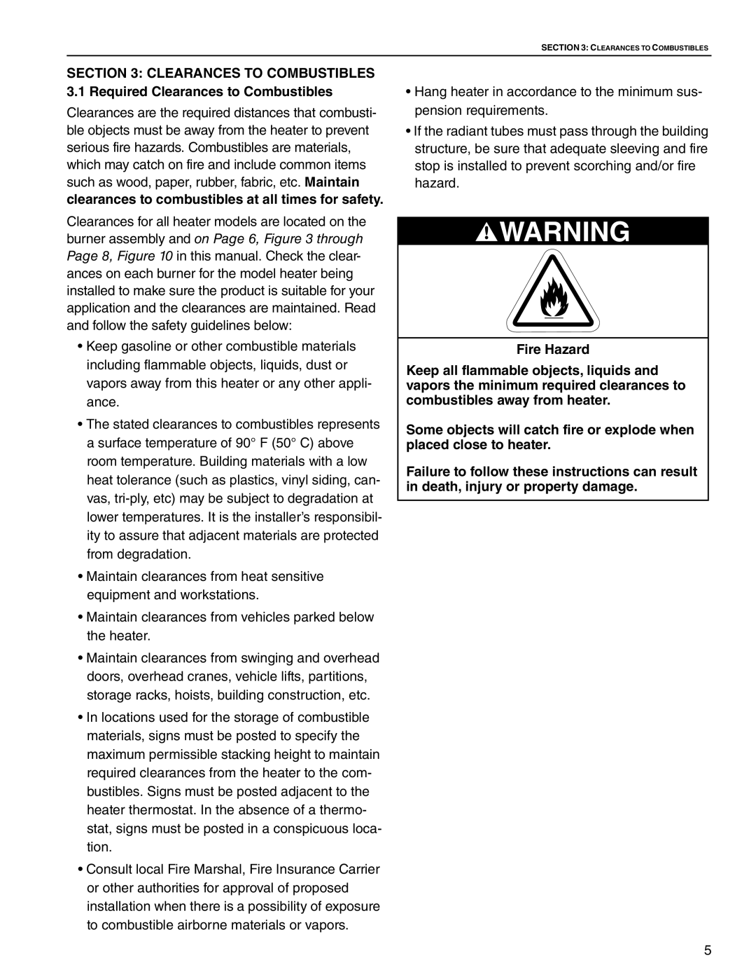 Roberts Gorden CRV-B-9 service manual Fire Hazard, clearances to combustibles at all times for safety 
