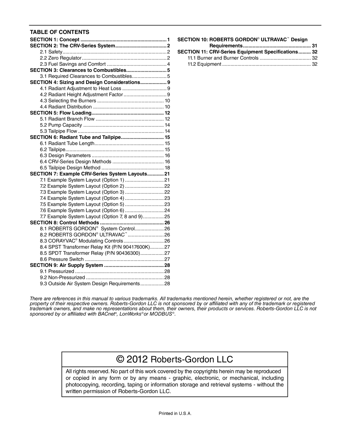 Roberts Gorden CRV-B-9 service manual Roberts-GordonLLC, Table Of Contents 