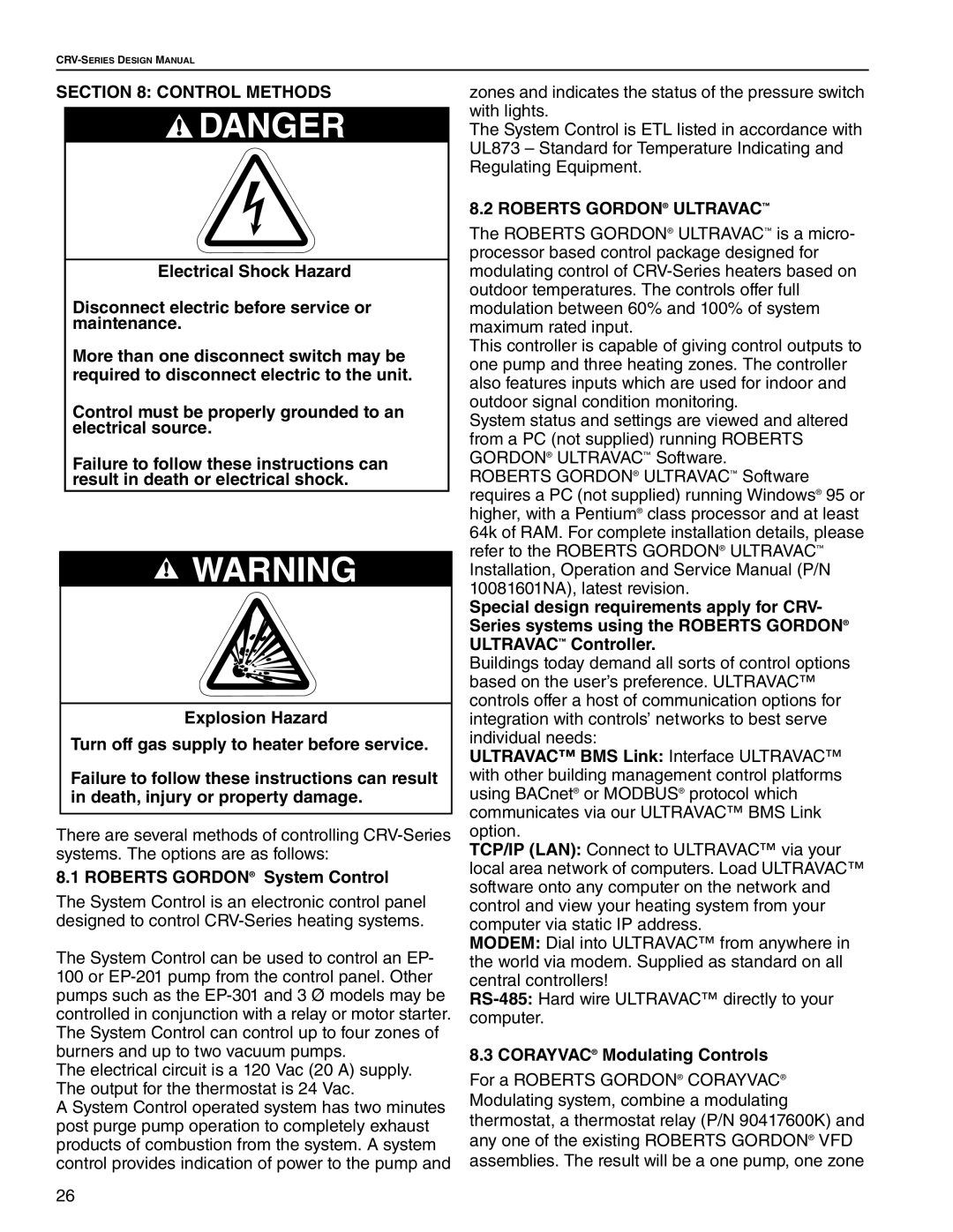 Roberts Gorden CRV-B-9 Control Methods, Electrical Shock Hazard, Disconnect electric before service or maintenance, Danger 