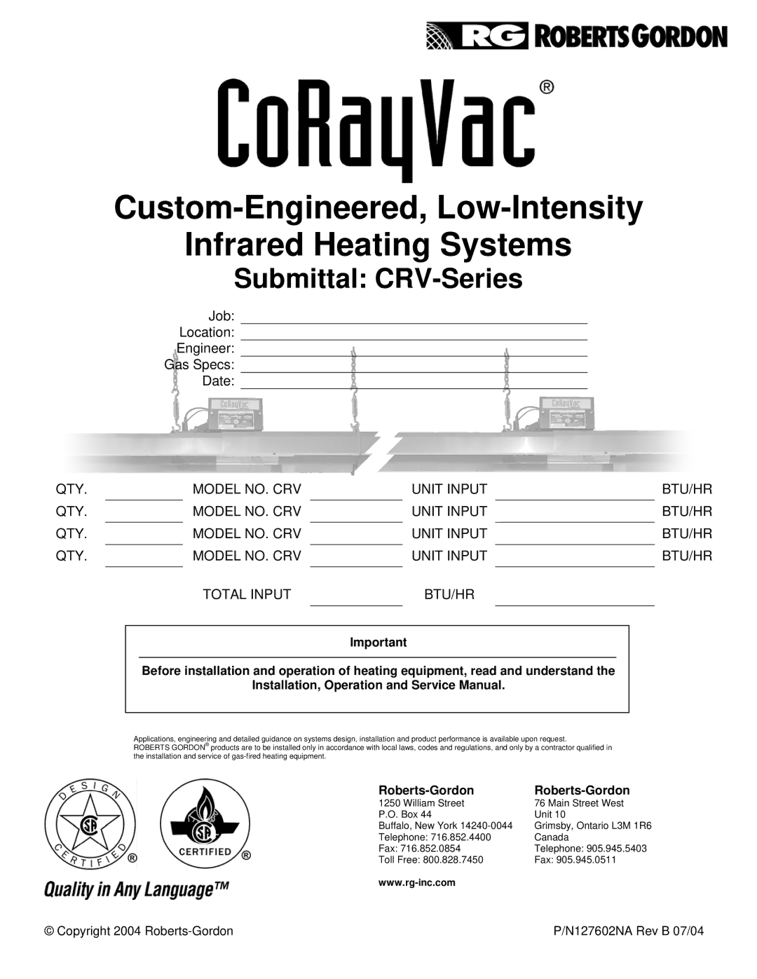 Roberts Gorden CRV-Series service manual Custom-Engineered, Low-Intensity Infrared Heating Systems 