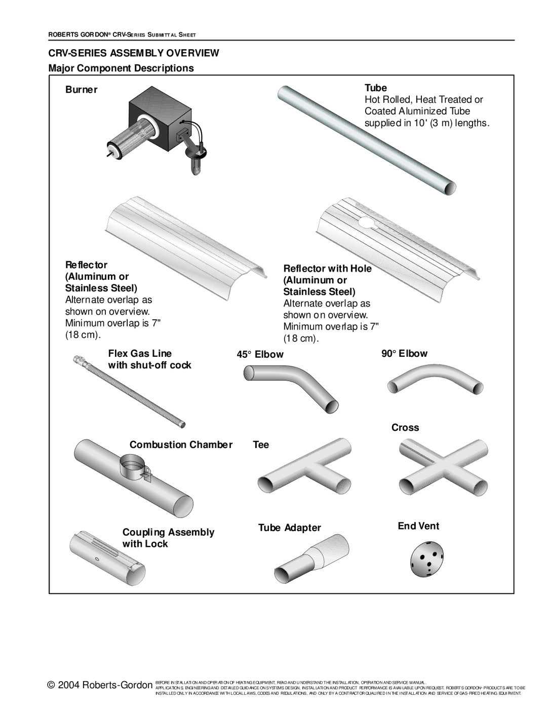 Roberts Gorden CRV-Series service manual CRV-SERIES Assembly Overview, Major Component Descriptions Burner Tube, With Lock 