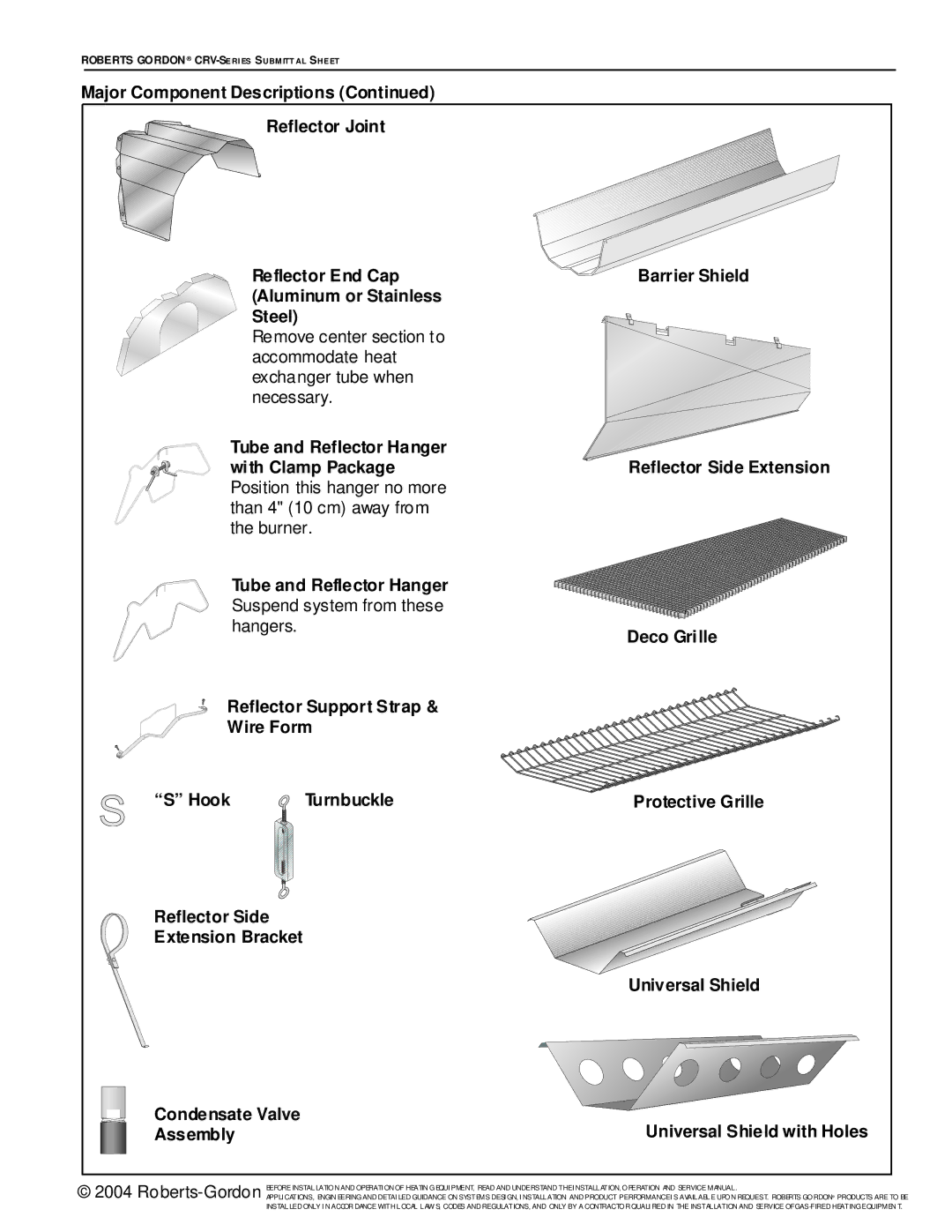 Roberts Gorden CRV-Series service manual Tube and Reflector Hanger With Clamp Package, Assembly 