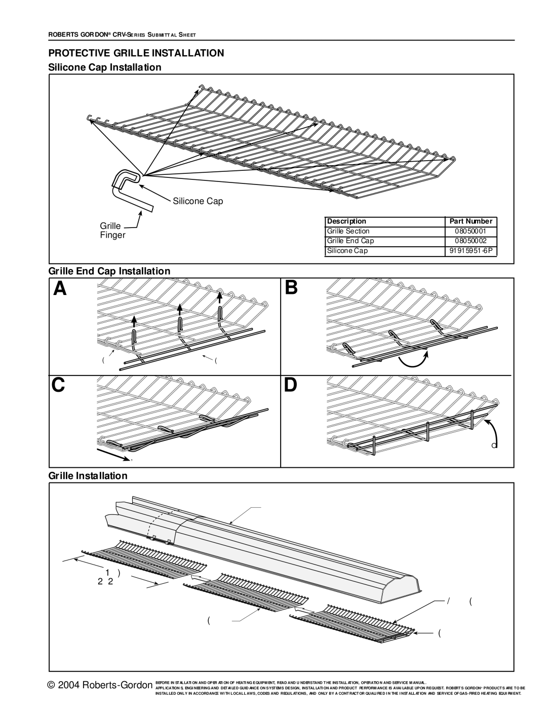 Roberts Gorden CRV-Series service manual Protective Grille Installation, Silicone Cap Installation 