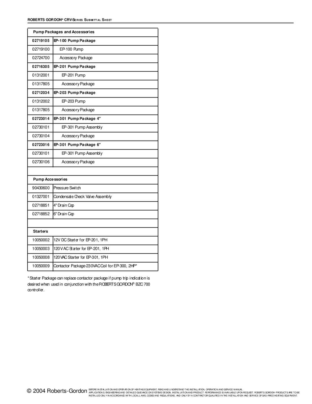 Roberts Gorden CRV-Series service manual Pump Packages and Accessories 02719105 EP-100 Pump Package 