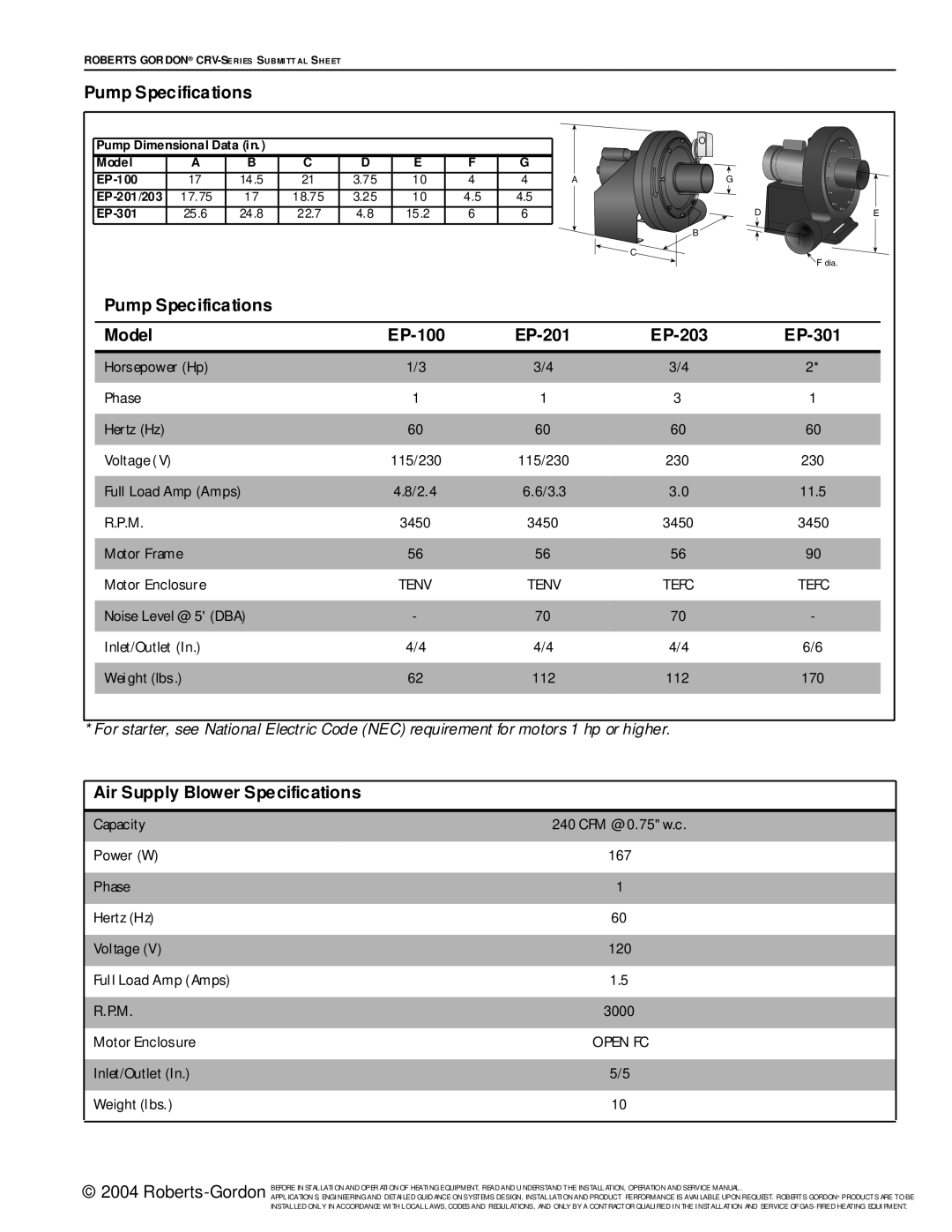 Roberts Gorden CRV-Series Pump Specifications Model EP-100 EP-201 EP-203 EP-301, Air Supply Blower Specifications 