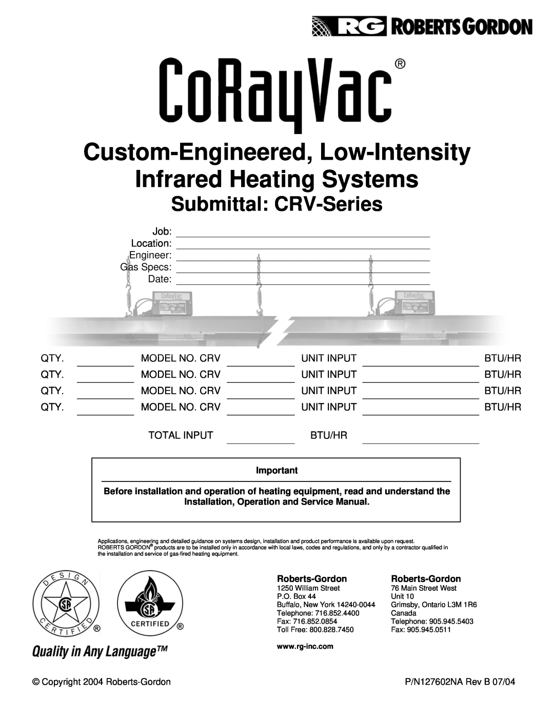 Roberts Gorden service manual Custom-Engineered, Low-Intensity, Infrared Heating Systems, Submittal CRV-Series 