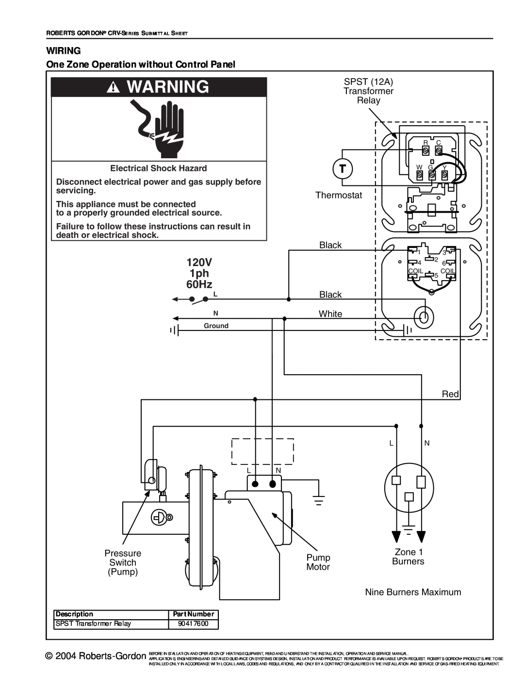 Roberts Gorden CRV-Series service manual 120V, 60Hz, WIRING One Zone Operation without Control Panel, Thermostat 