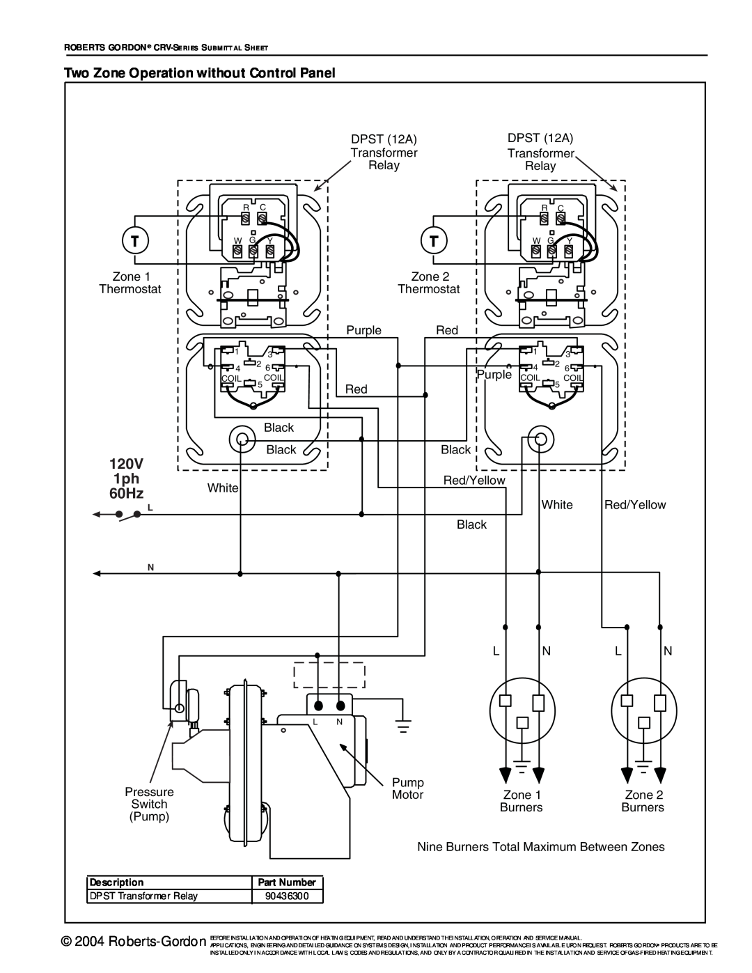 Roberts Gorden CRV-Series service manual 60Hz, Two Zone Operation without Control Panel, 120V 