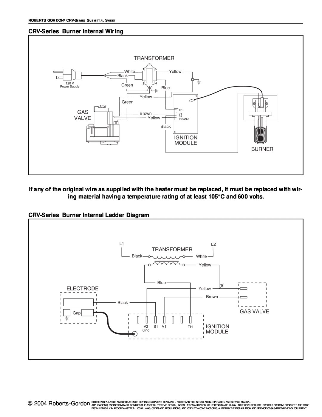 Roberts Gorden CRV-SeriesBurner Internal Wiring, CRV-SeriesBurner Internal Ladder Diagram, Transformer, Valve, Ignition 